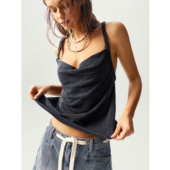 Cotton Backless Draped Tank Top in Grey Braided Criss Cross Straps - Picture 8 of 12